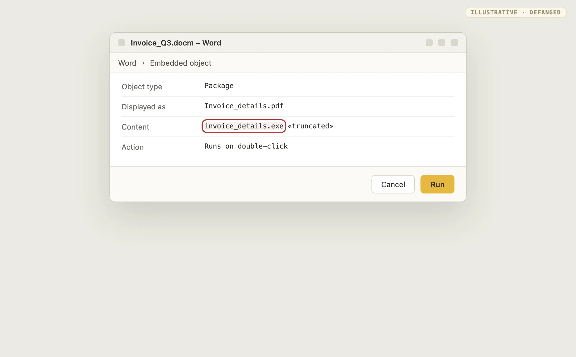 Defanged properties panel showing an embedded Package object displayed as Invoice_details.pdf whose content is invoice_details.exe, with Run and Cancel buttons.