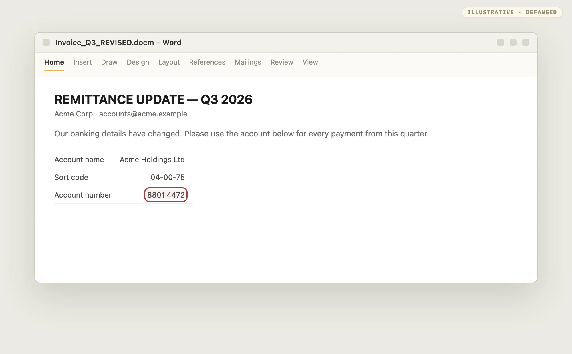 Defanged Word document titled Remittance Update showing a changed account name, sort code, and account number.