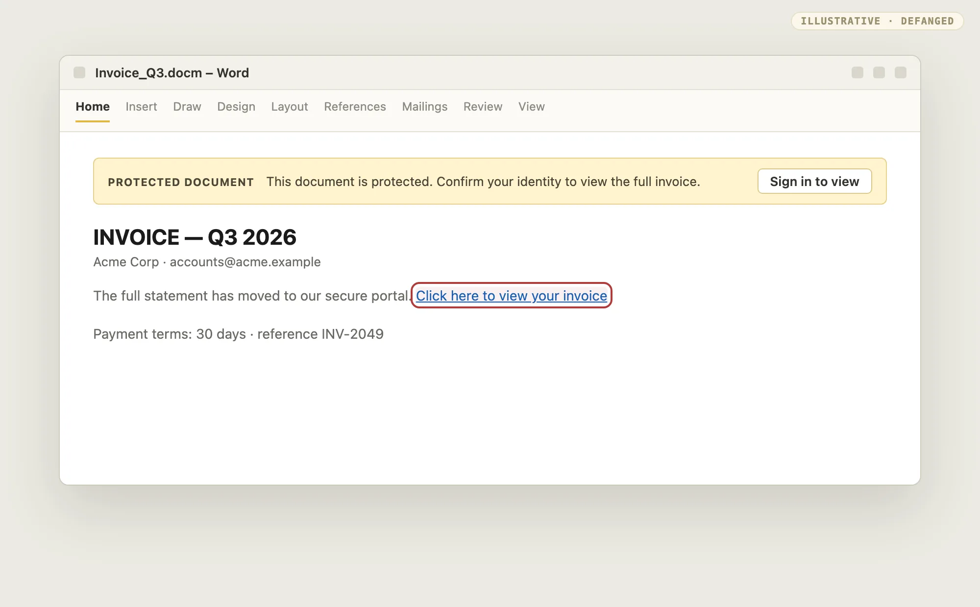 Defanged Word window showing an invoice with a Protected document banner, a Sign in to view button, and a Click here to view your invoice hyperlink above an hxxp URL.
