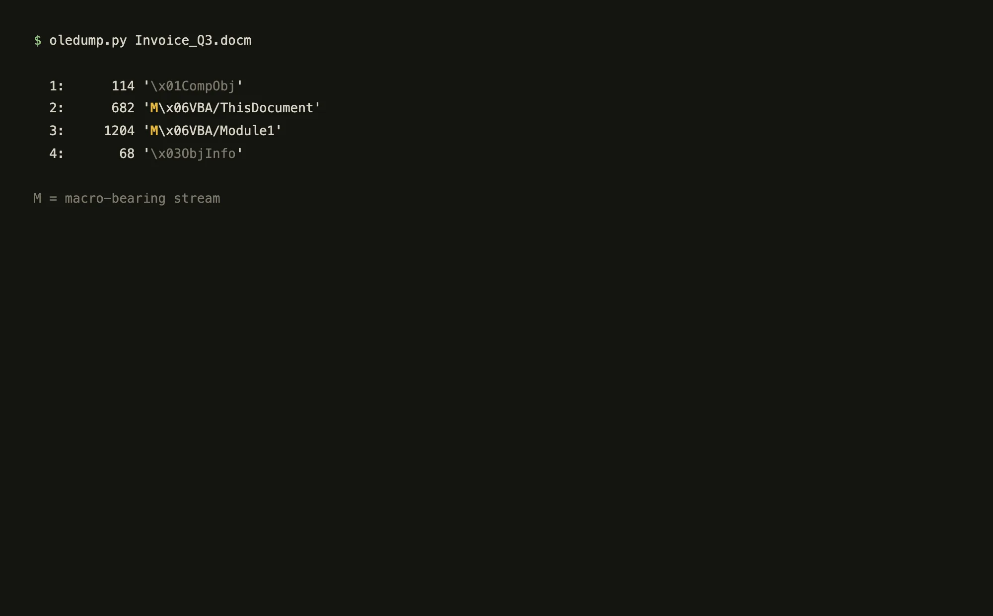 Terminal output of oledump.py listing streams in a .docm, with two streams flagged with a capital M for macro-bearing.