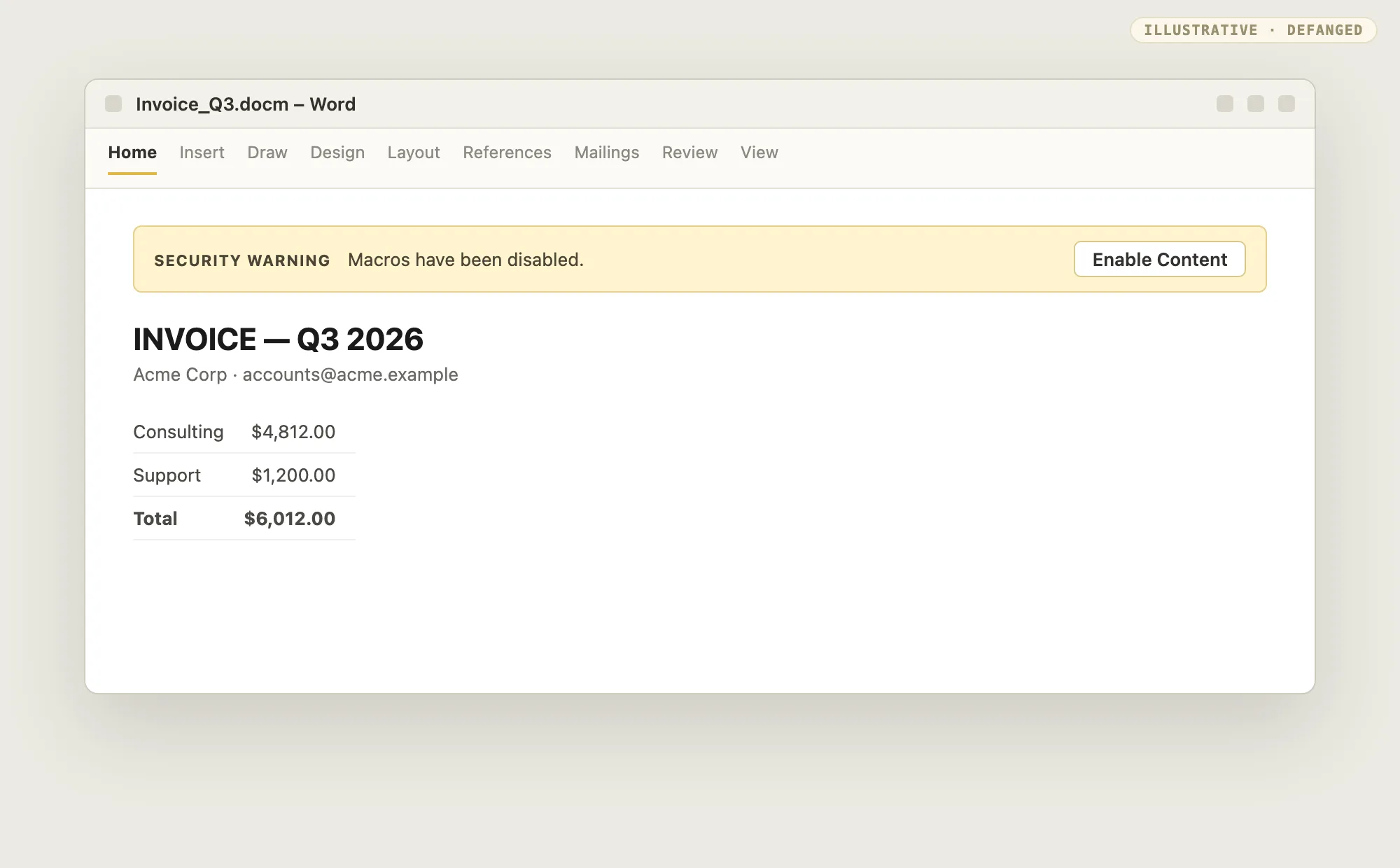 A Word window showing an invoice with a yellow SECURITY WARNING bar: Macros have been disabled, with an Enable Content button.