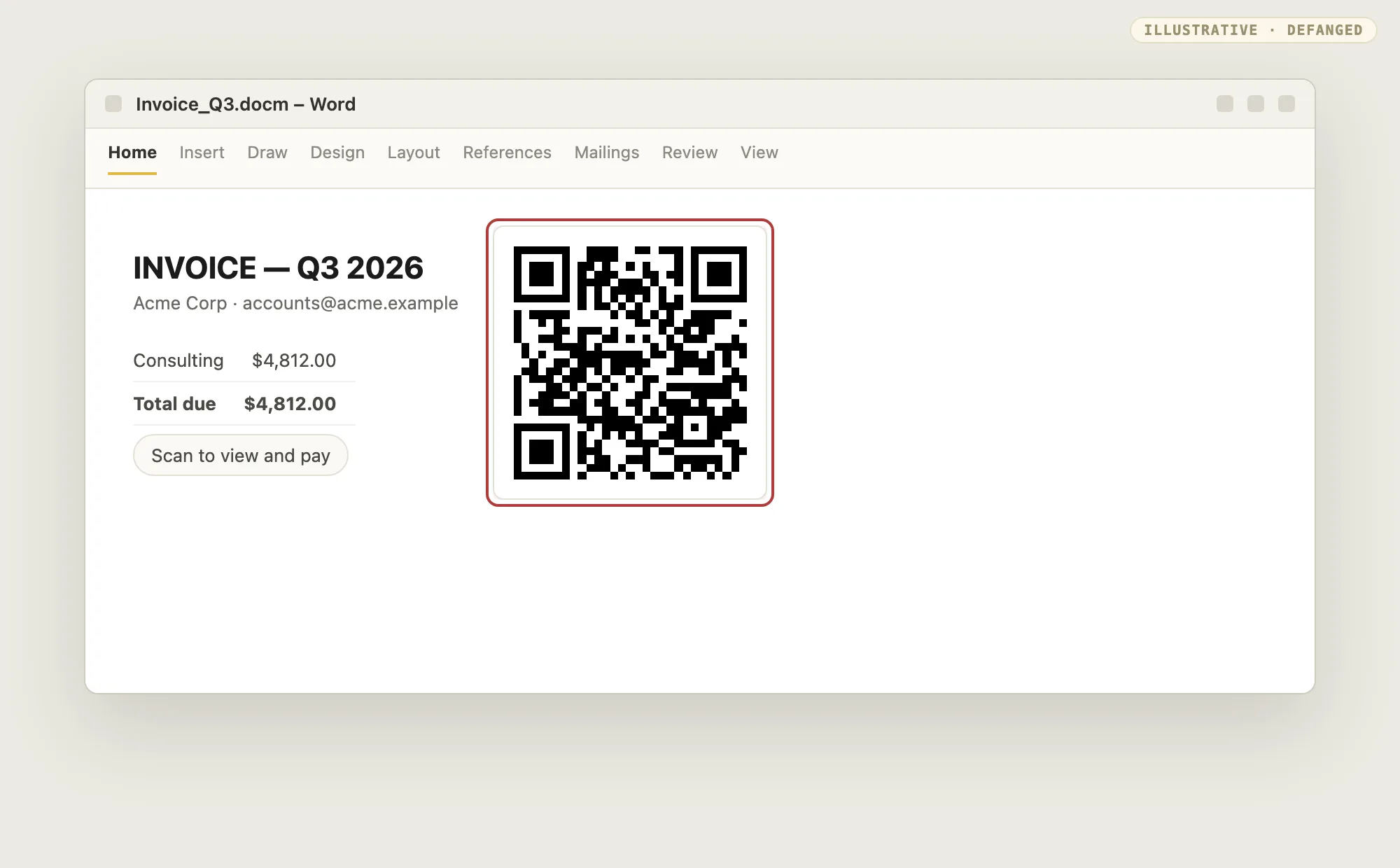 Defanged Word invoice with a QR code beside a Scan to view and pay prompt and an hxxp payment URL.
