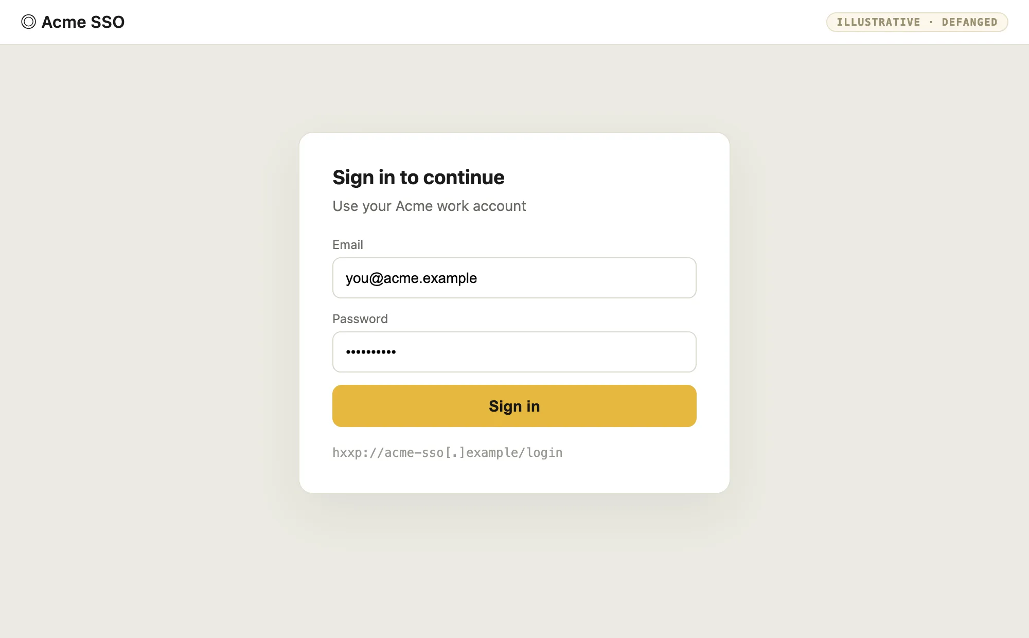Defanged example single-sign-on login page titled Sign in to continue with email and password fields.