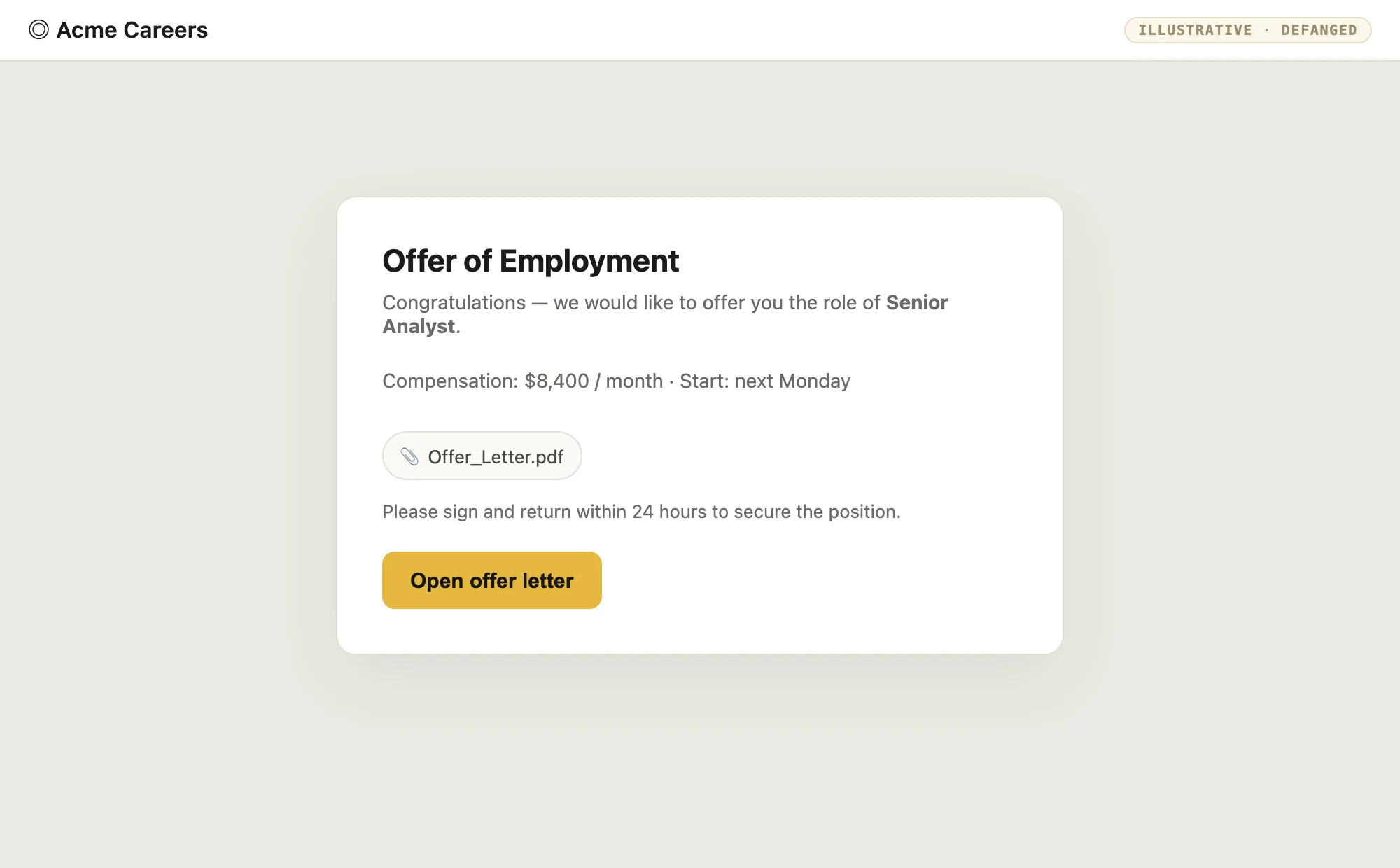 Defanged example careers page showing an offer of employment with a salary, an attachment, and a 24-hour deadline.