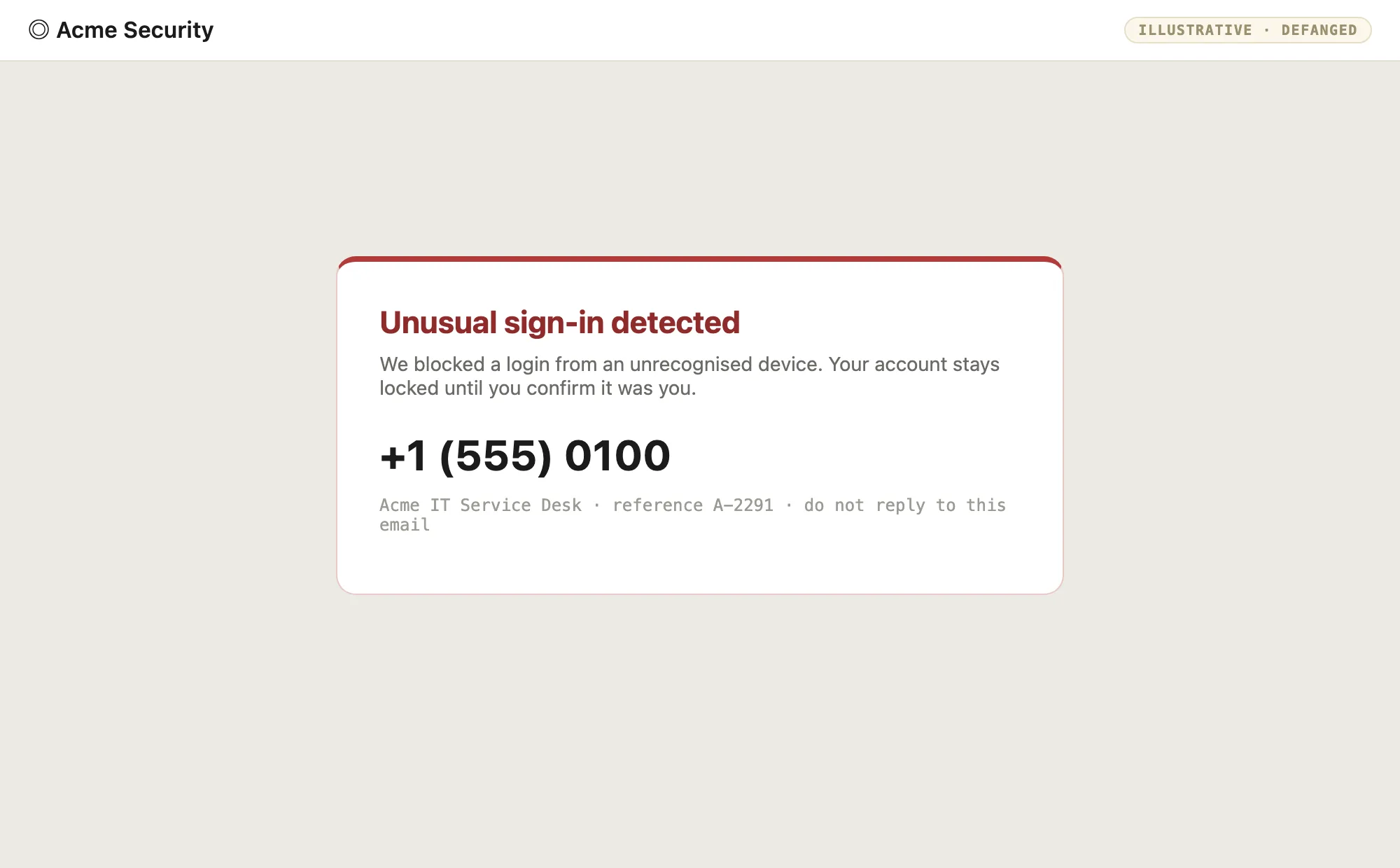 Defanged example security-alert page telling the reader to call a phone number and quoting a reference ID.