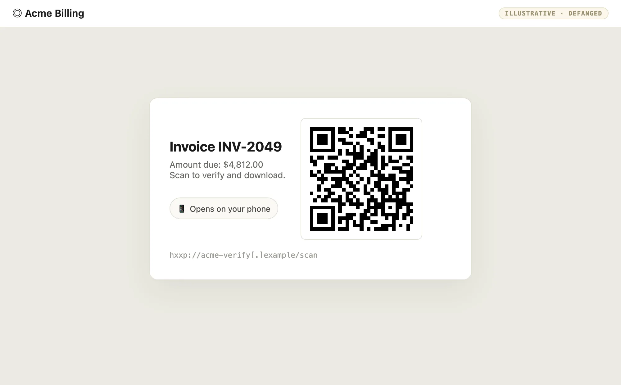 Defanged example invoice page with a QR code and a 'Scan to verify and download' prompt.