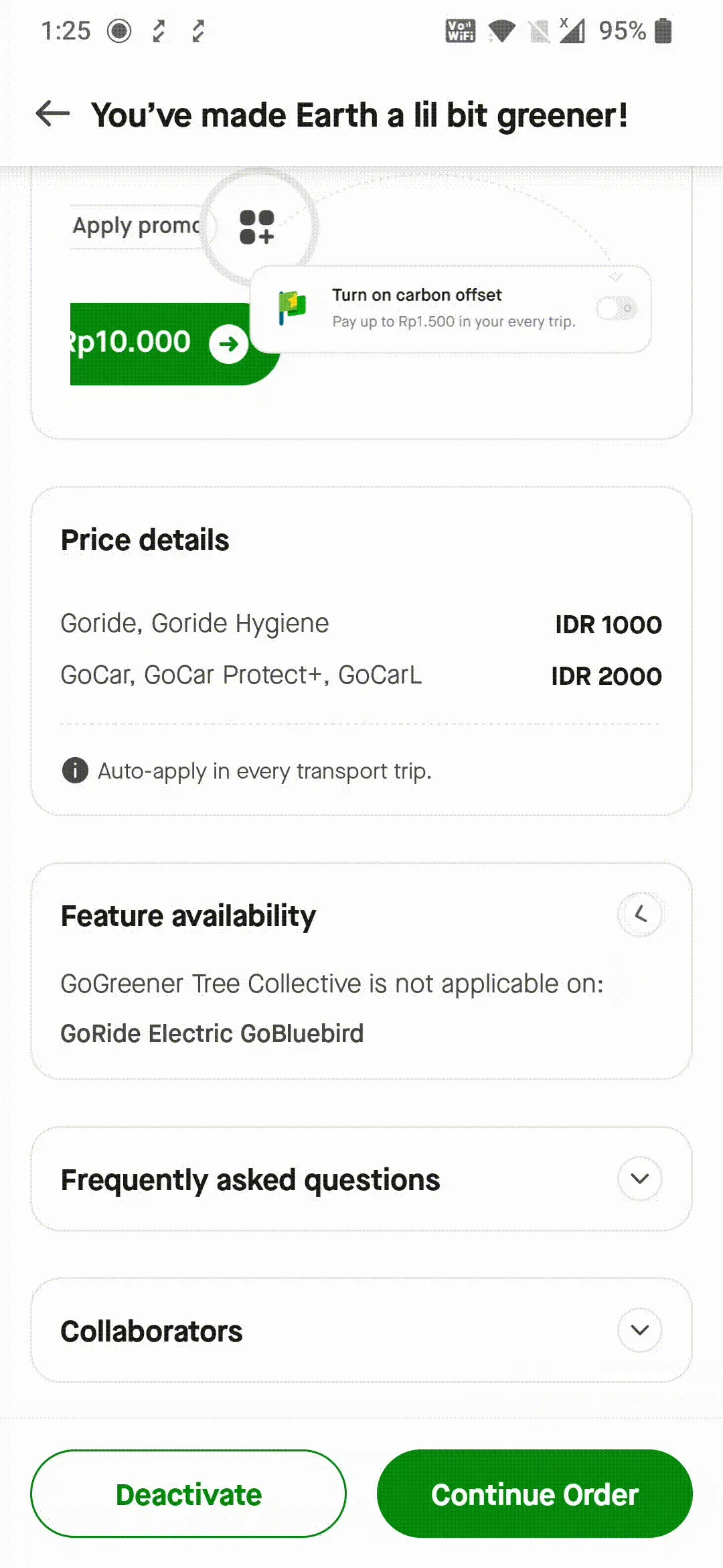 Carbon offset confirmation screen